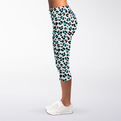 White And Teal Leopard Print Women's Capri Leggings