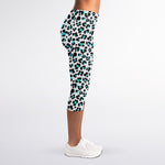 White And Teal Leopard Print Women's Capri Leggings