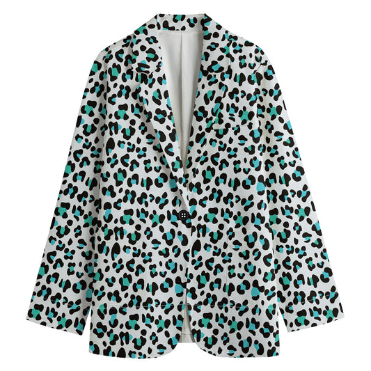 White And Teal Leopard Print Women's Cotton Blazer