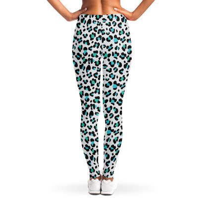 White And Teal Leopard Print Women's Leggings