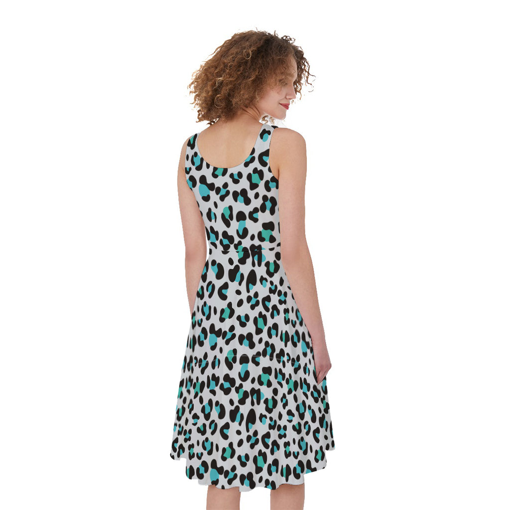 White And Teal Leopard Print Women's Sleeveless Dress