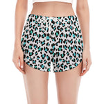 White And Teal Leopard Print Women's Split Running Shorts