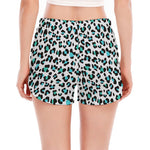 White And Teal Leopard Print Women's Split Running Shorts
