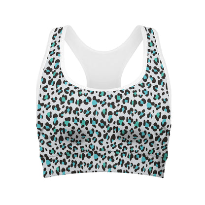 White And Teal Leopard Print Women's Sports Bra