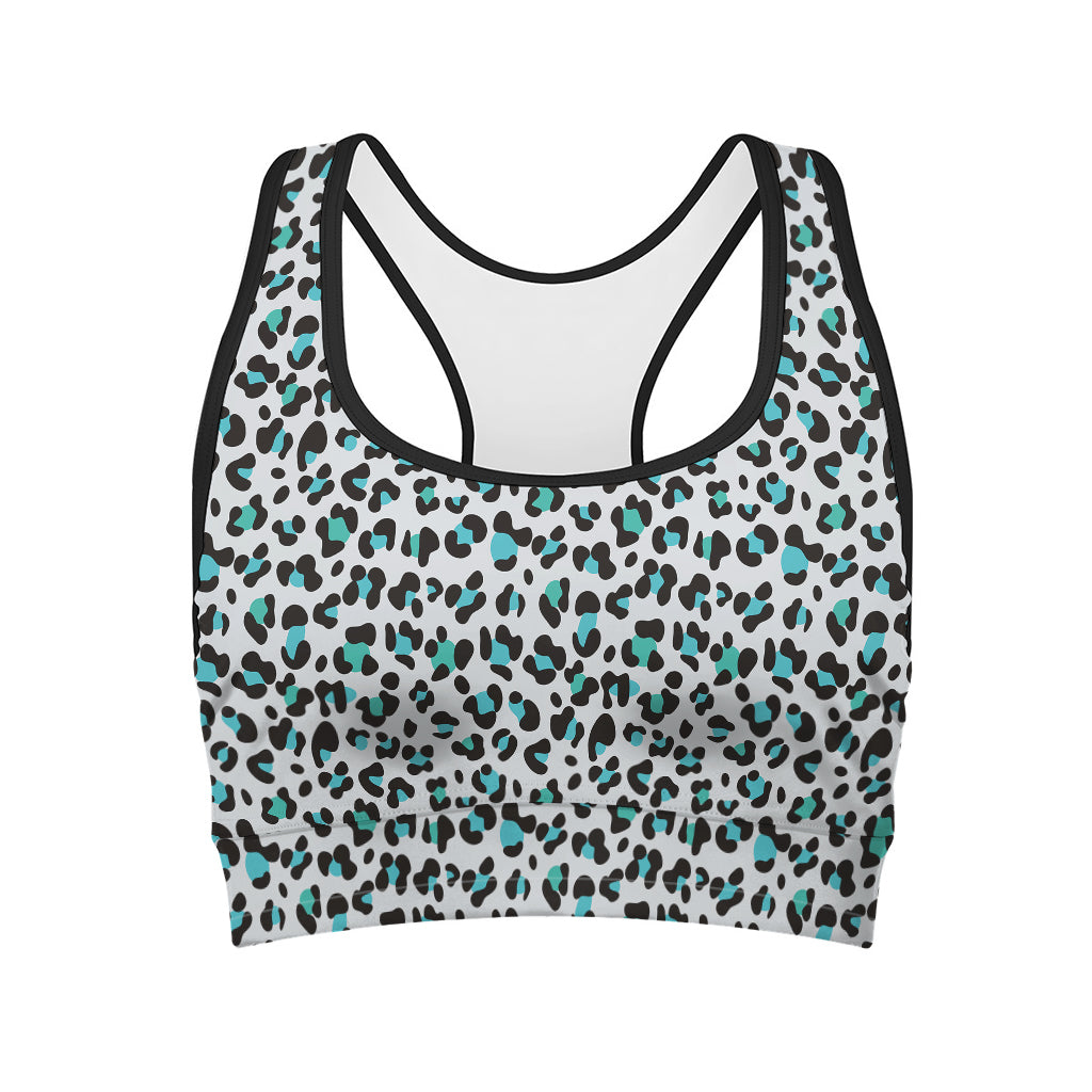 White And Teal Leopard Print Women's Sports Bra