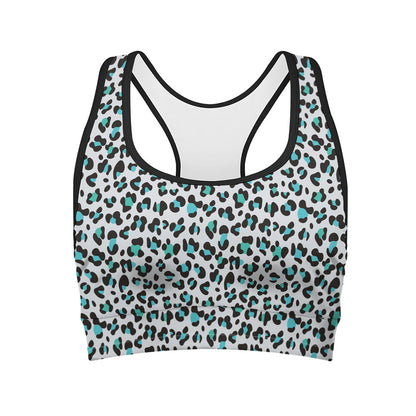 White And Teal Leopard Print Women's Sports Bra