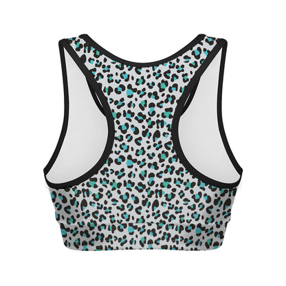 White And Teal Leopard Print Women's Sports Bra