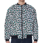 White And Teal Leopard Print Zip Sleeve Bomber Jacket