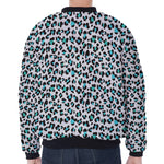 White And Teal Leopard Print Zip Sleeve Bomber Jacket