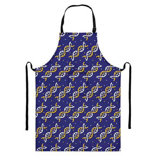 White And Yellow DNA Pattern Print Bib Apron With Pocket