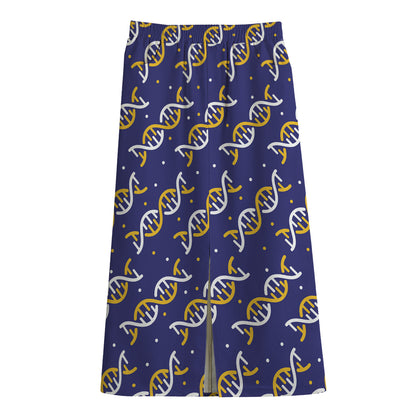 White And Yellow DNA Pattern Print Cotton Front Slit Maxi Skirt