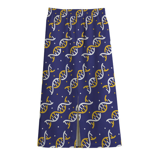 White And Yellow DNA Pattern Print Cotton Front Slit Maxi Skirt