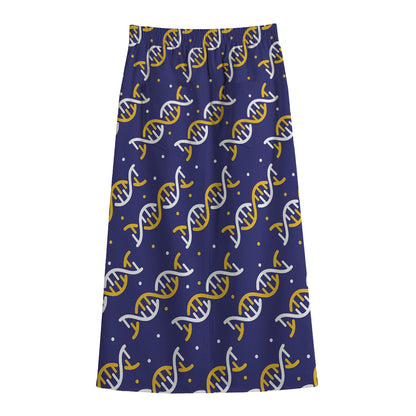 White And Yellow DNA Pattern Print Cotton Front Slit Maxi Skirt