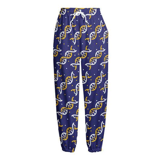 White And Yellow DNA Pattern Print Fleece Lined Knit Pants