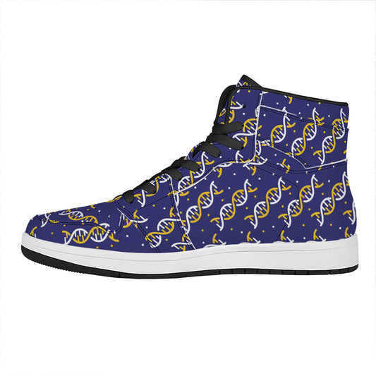 White And Yellow DNA Pattern Print High Top Leather Sneakers