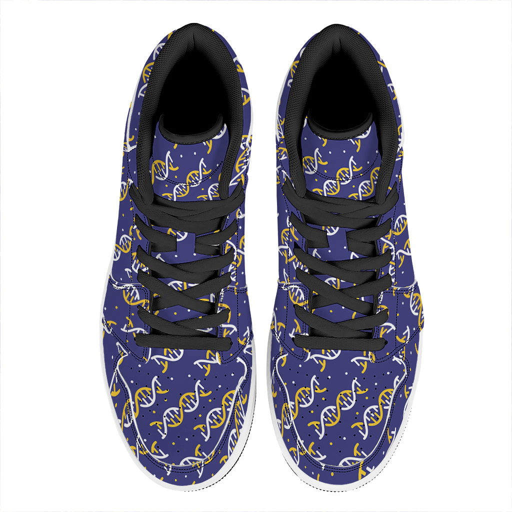 White And Yellow DNA Pattern Print High Top Leather Sneakers