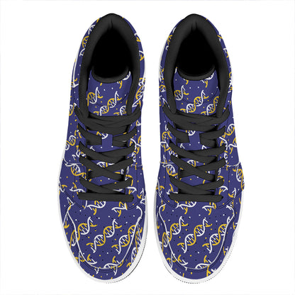 White And Yellow DNA Pattern Print High Top Leather Sneakers