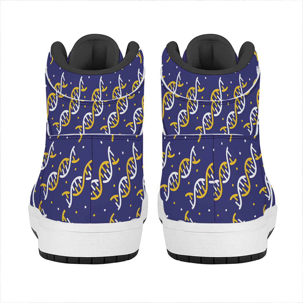 White And Yellow DNA Pattern Print High Top Leather Sneakers