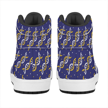 White And Yellow DNA Pattern Print High Top Leather Sneakers