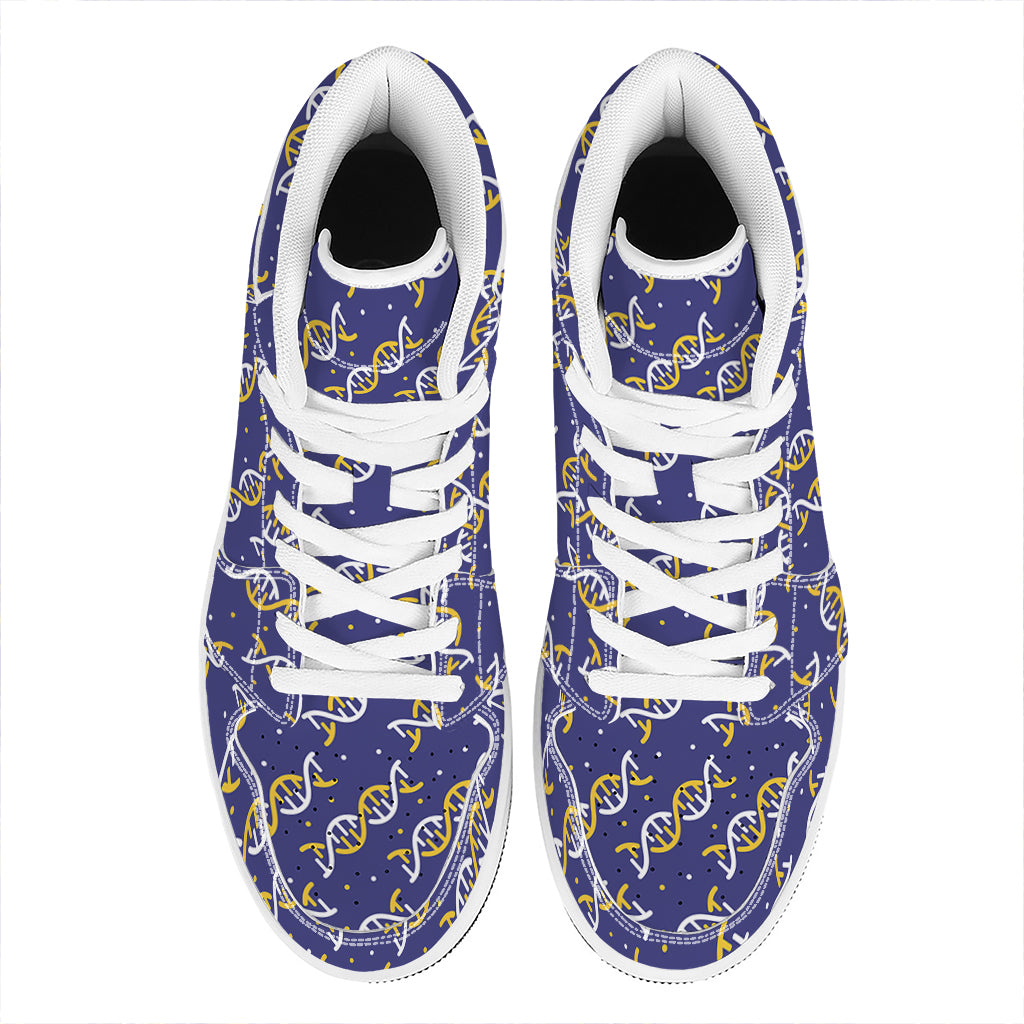 White And Yellow DNA Pattern Print High Top Leather Sneakers