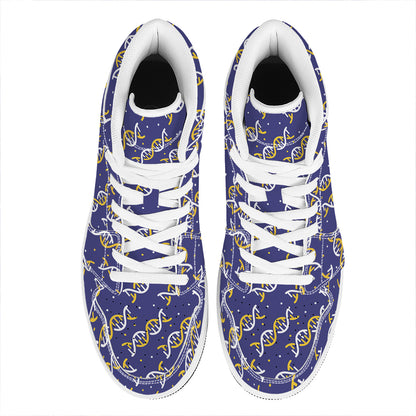 White And Yellow DNA Pattern Print High Top Leather Sneakers