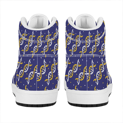 White And Yellow DNA Pattern Print High Top Leather Sneakers