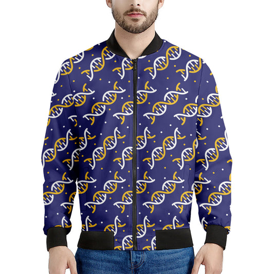 White And Yellow DNA Pattern Print Men's Bomber Jacket