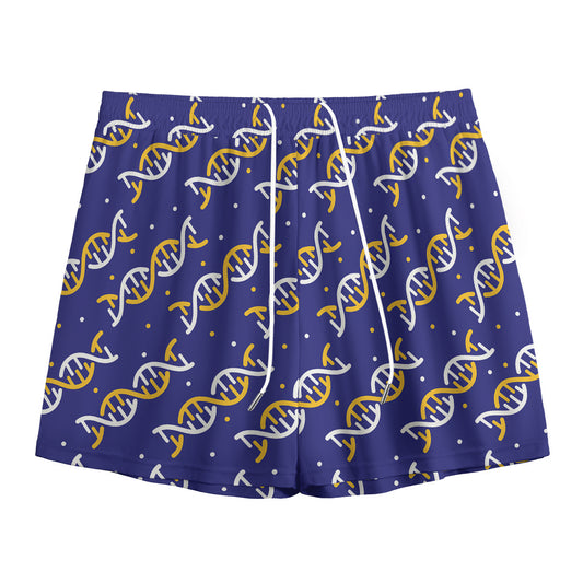 White And Yellow DNA Pattern Print Mesh Shorts