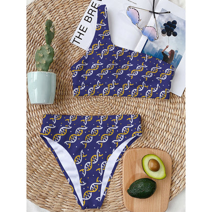 White And Yellow DNA Pattern Print One Shoulder Bikini Top