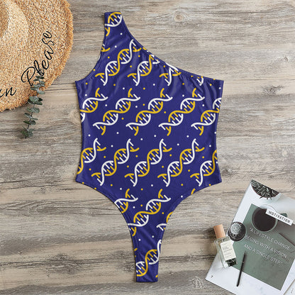 White And Yellow DNA Pattern Print One Shoulder Bodysuit