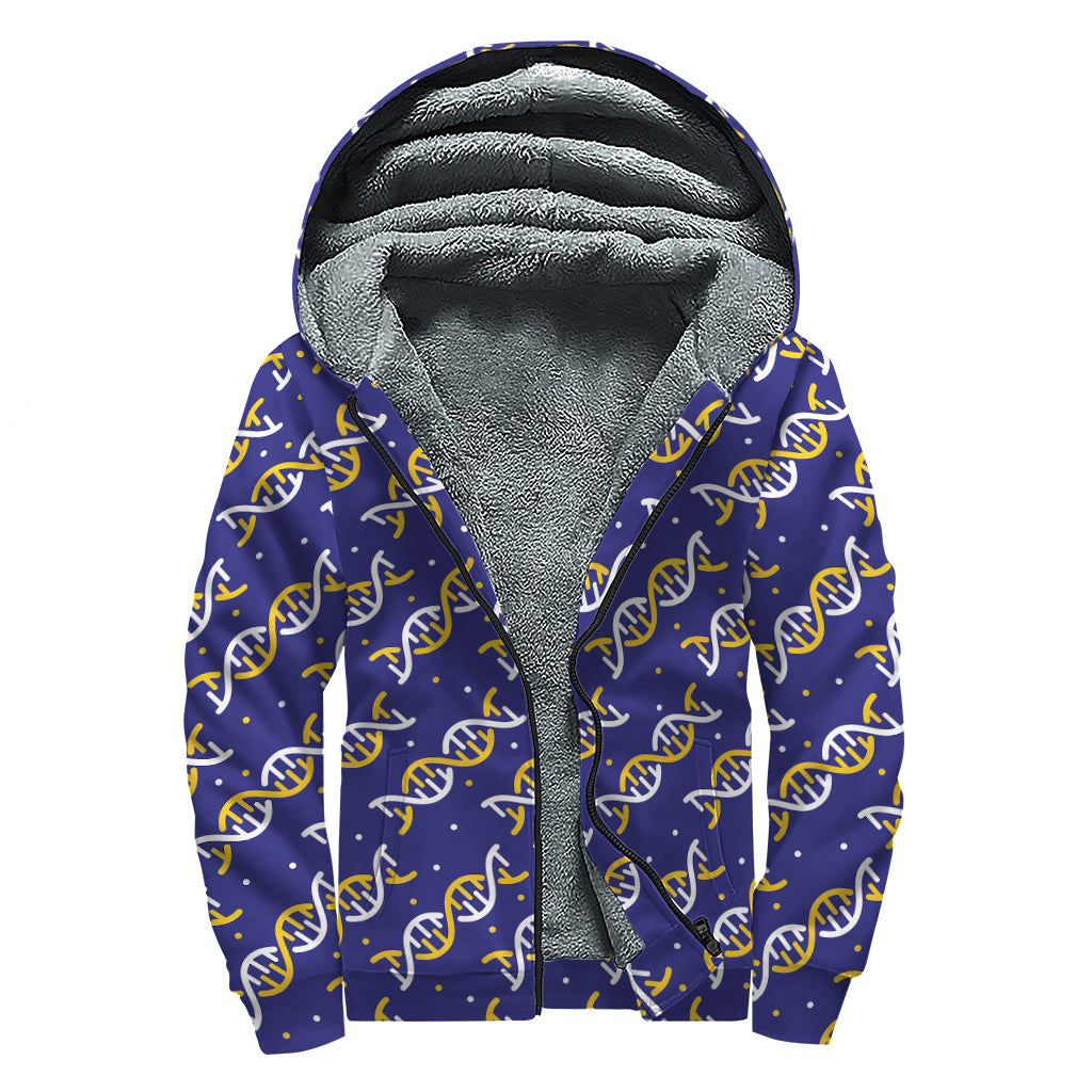 White And Yellow DNA Pattern Print Sherpa Lined Zip Up Hoodie