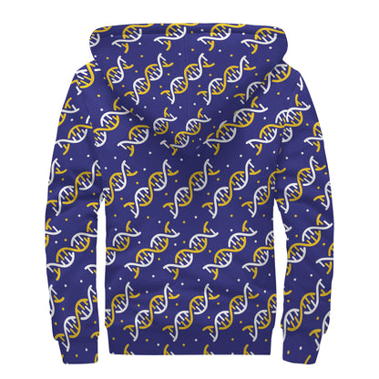 White And Yellow DNA Pattern Print Sherpa Lined Zip Up Hoodie