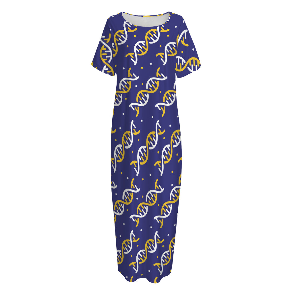 White And Yellow DNA Pattern Print Short Sleeve Long Nightdress