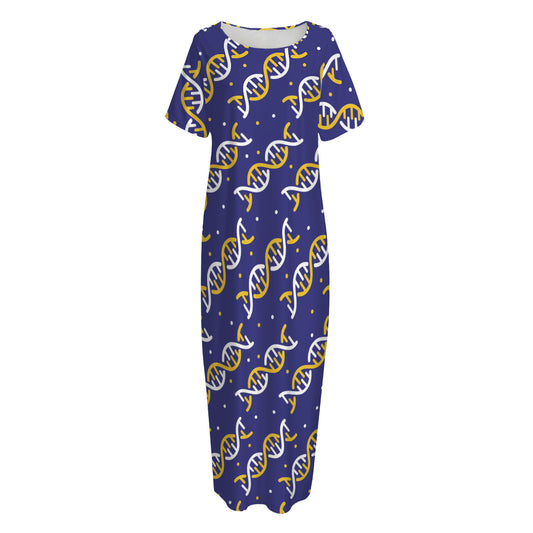 White And Yellow DNA Pattern Print Short Sleeve Long Nightdress
