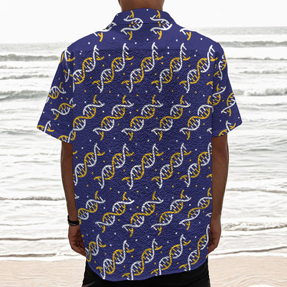 White And Yellow DNA Pattern Print Textured Short Sleeve Shirt