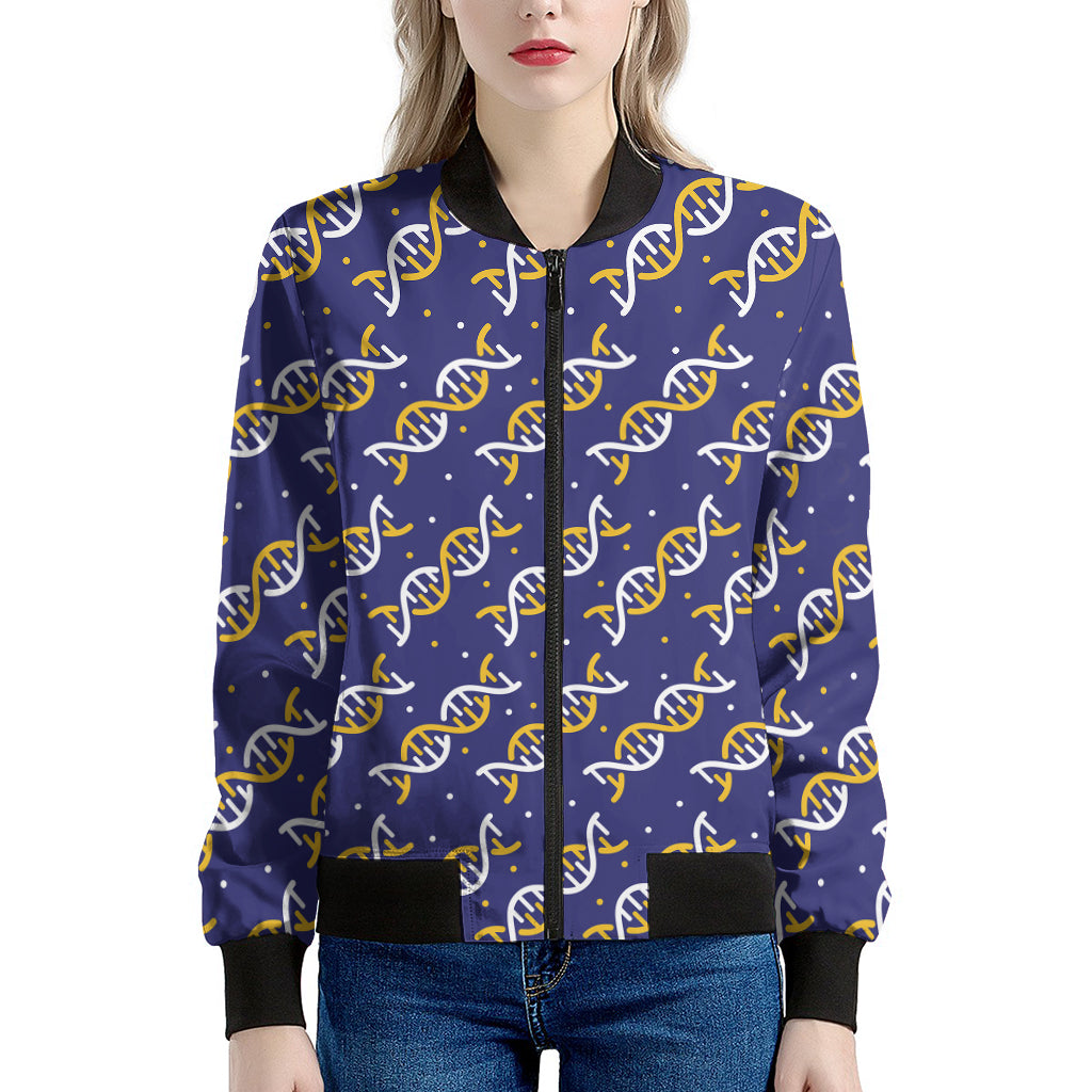 White And Yellow DNA Pattern Print Women's Bomber Jacket