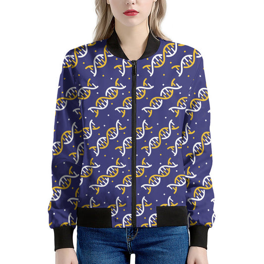 White And Yellow DNA Pattern Print Women's Bomber Jacket