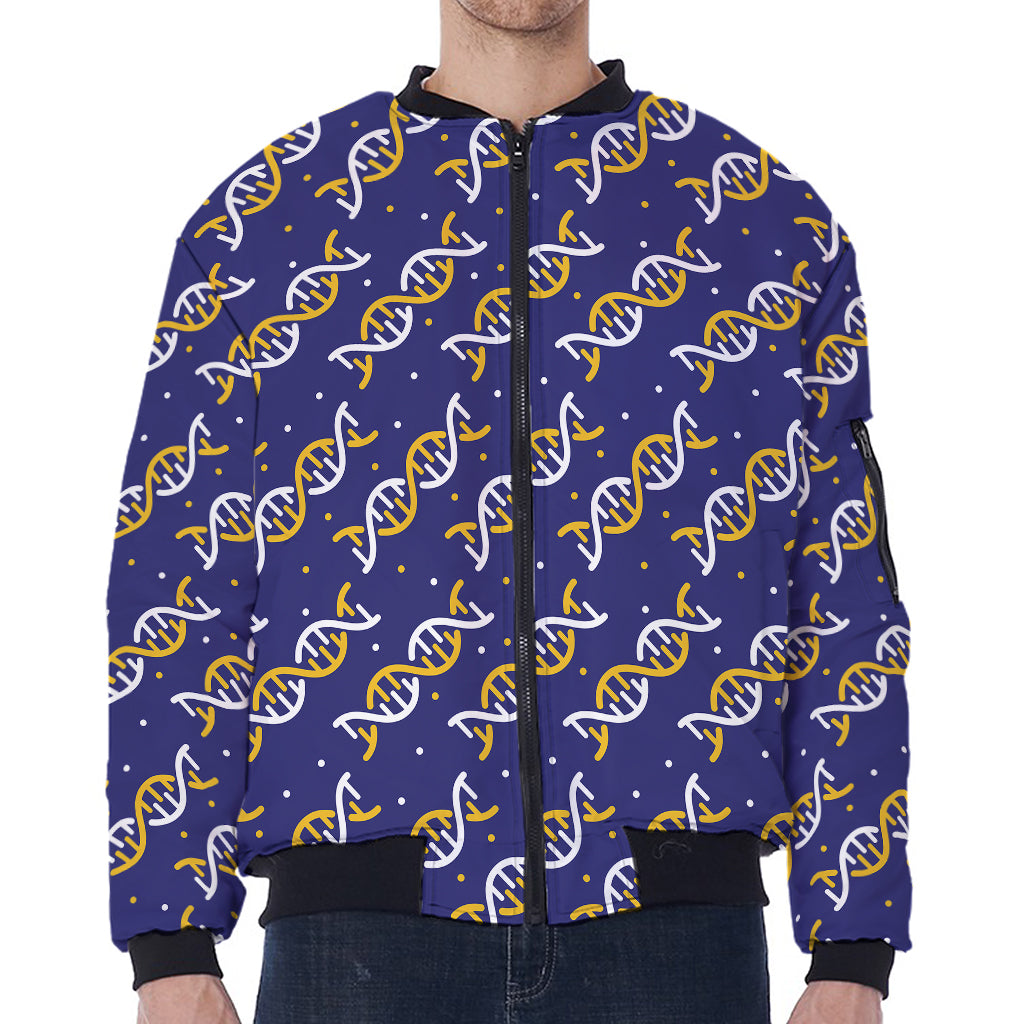 White And Yellow DNA Pattern Print Zip Sleeve Bomber Jacket