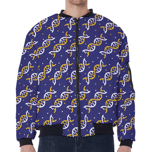 White And Yellow DNA Pattern Print Zip Sleeve Bomber Jacket