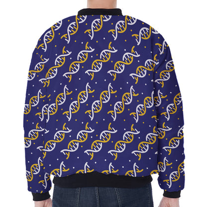 White And Yellow DNA Pattern Print Zip Sleeve Bomber Jacket