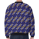 White And Yellow DNA Pattern Print Zip Sleeve Bomber Jacket