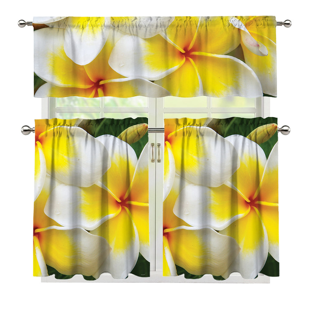 White And Yellow Plumeria Flower Print 3 Piece Kitchen Curtains
