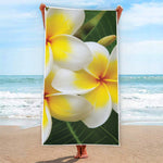 White And Yellow Plumeria Flower Print Beach Towel