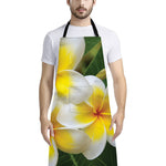 White And Yellow Plumeria Flower Print Bib Apron With Pocket