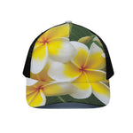 White And Yellow Plumeria Flower Print Black Mesh Trucker Cap