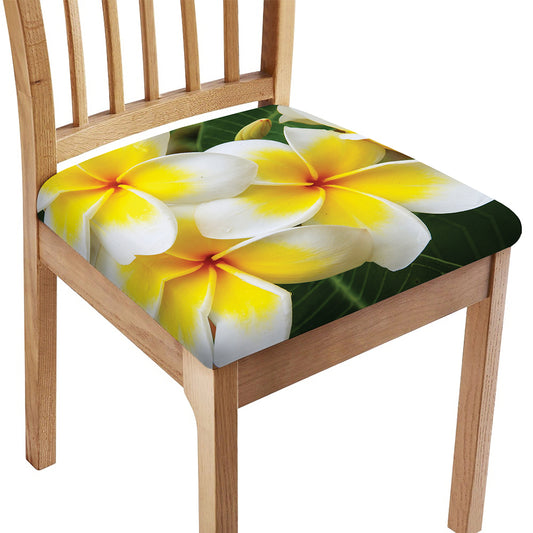 White And Yellow Plumeria Flower Print Chair Cushion Cover