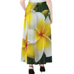 White And Yellow Plumeria Flower Print Chiffon Maxi Skirt