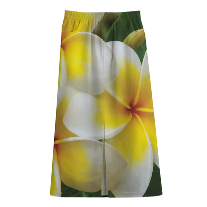 White And Yellow Plumeria Flower Print Cotton Front Slit Maxi Skirt