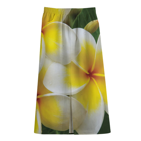 White And Yellow Plumeria Flower Print Cotton Front Slit Maxi Skirt