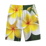 White And Yellow Plumeria Flower Print Cotton Shorts
